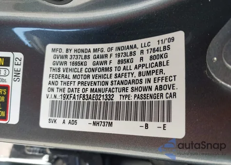 2010 Honda Civic Ex z USA, uszkodzony, nr VIN 19XFA1F83AE021332